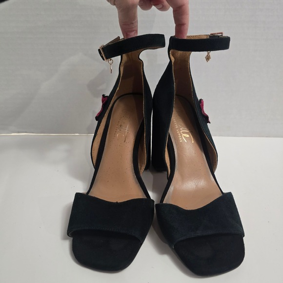 Nanette Lepore Black Suede Embroidered Block Heel Ankle Strap Sandals Women's - Picture 4 of 10